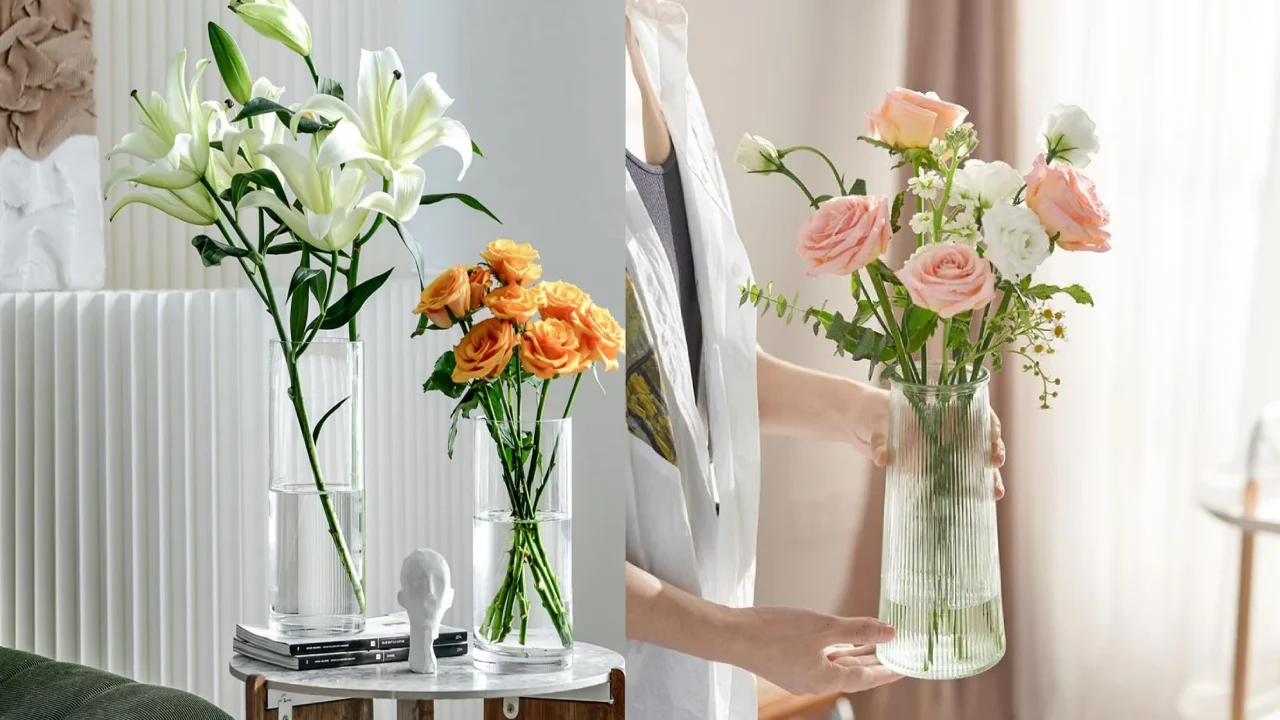 گل‌آرایی ساده با گلدان استوانه‌ای و گل‌های ساقه‌بلند